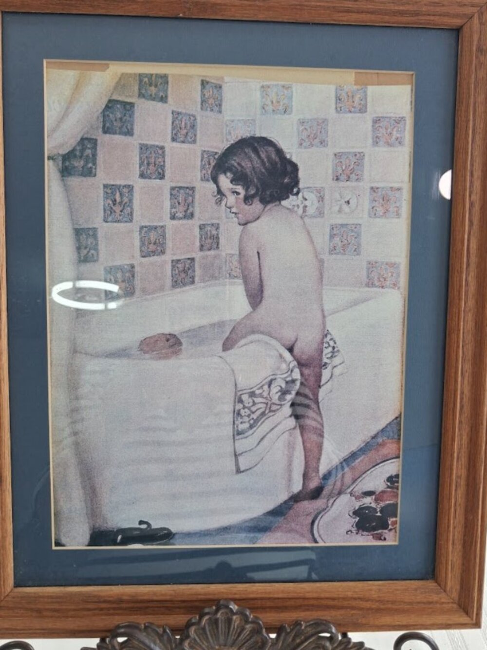 Vintage Framed Print of Child in Bathtub